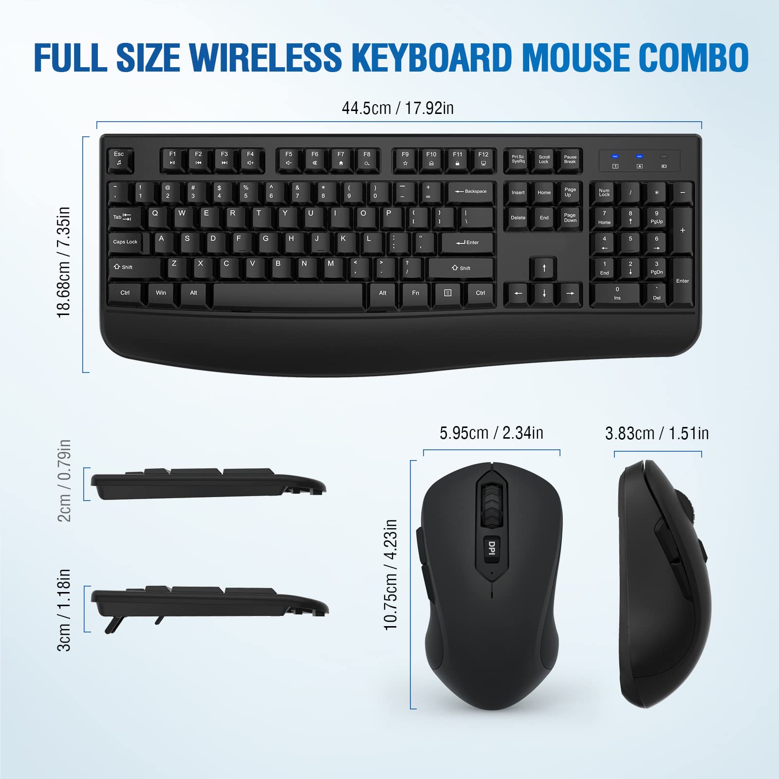 Full-Sized 2.4GHz Wireless Keyboard and Mouse Combo with Comfortable Palm Rest for Windows, Mac OS PC/Desktops/Laptops（Black）