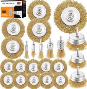 wire wheel brush cup brushes set,23 pack steel wire brush kit for drill 1/4-inch shank 0.012-inch brass coated carbon crimped for for polishing,deburring,degreasing and corrosion removal