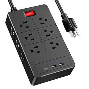 power strip with usb c - 12 widely outlets with 2 usb charging ports+1 usb c total 3.1 a, 6 ft long heavy duty extension cord,overload surge protection, surge protector wall mount for home (black)