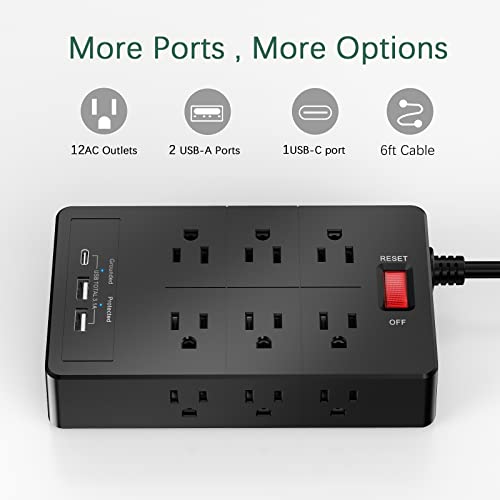 Power Strip with USB C - 12 Widely Outlets with 2 USB Charging Ports+1 USB C Total 3.1 A, 6 ft Long Heavy Duty Extension Cord,Overload Surge Protection, Surge Protector Wall Mount for Home (Black)