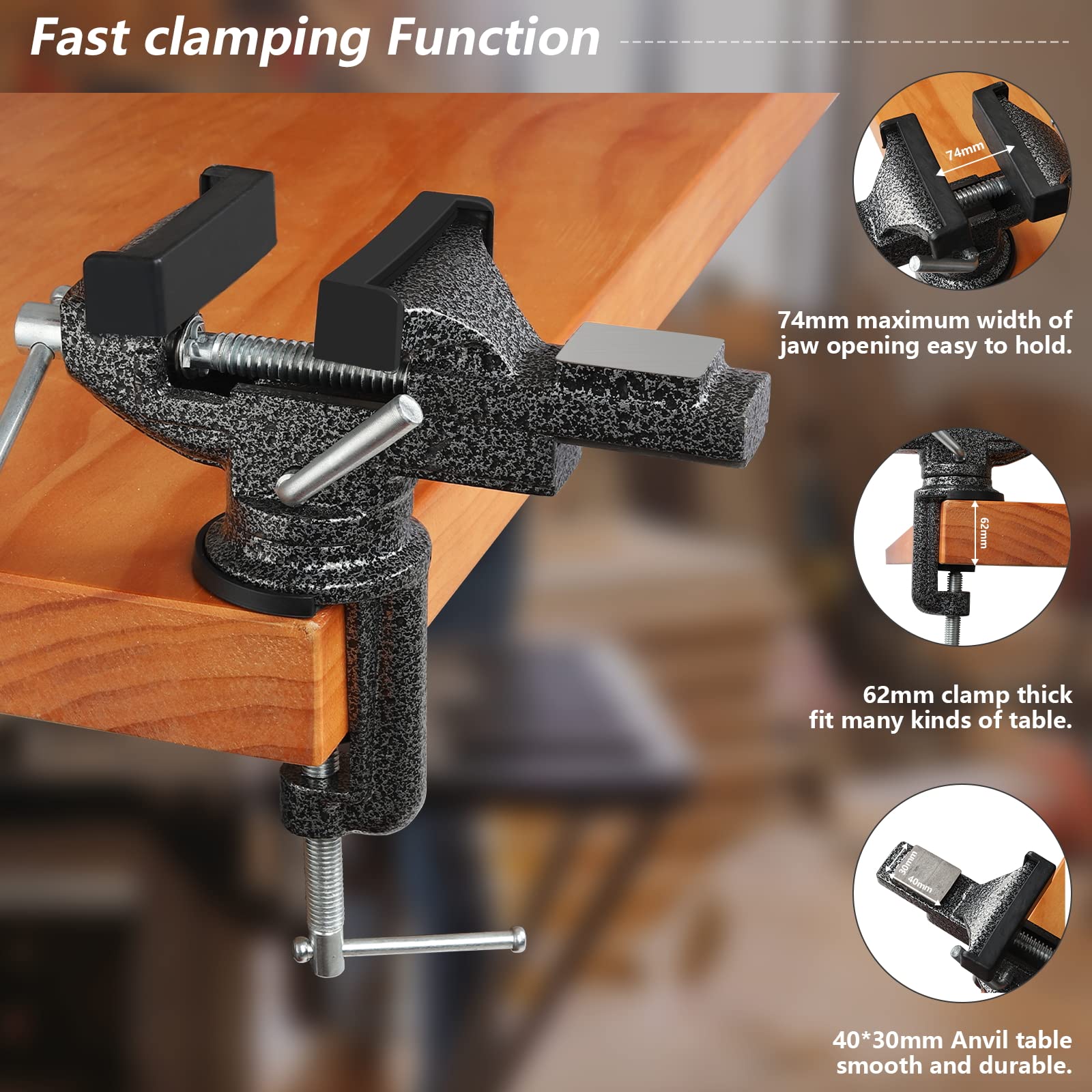 Bench Vise, 𝗚𝗢𝗫𝗔𝗪𝗘𝗘 𝗠𝗶𝗻𝗶 𝗕𝗲𝗻𝗰𝗵 𝗖𝗹𝗮𝗺𝗽 for Workbench, 2.9 inch Swivel Table Vise for Small DIY Projects, Handcraft Creations, Woodworking, Sculpting and Modeling