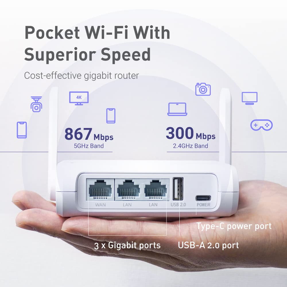 GL.iNet GL-SFT1200 (Opal) Secure Travel WiFi Router – AC1200 Dual Band Gigabit Ethernet Wireless Internet | IPv6 USB 2.0 MU-MIMO DDR3 |128MB Ram Repeater Bridge Access Point Mode