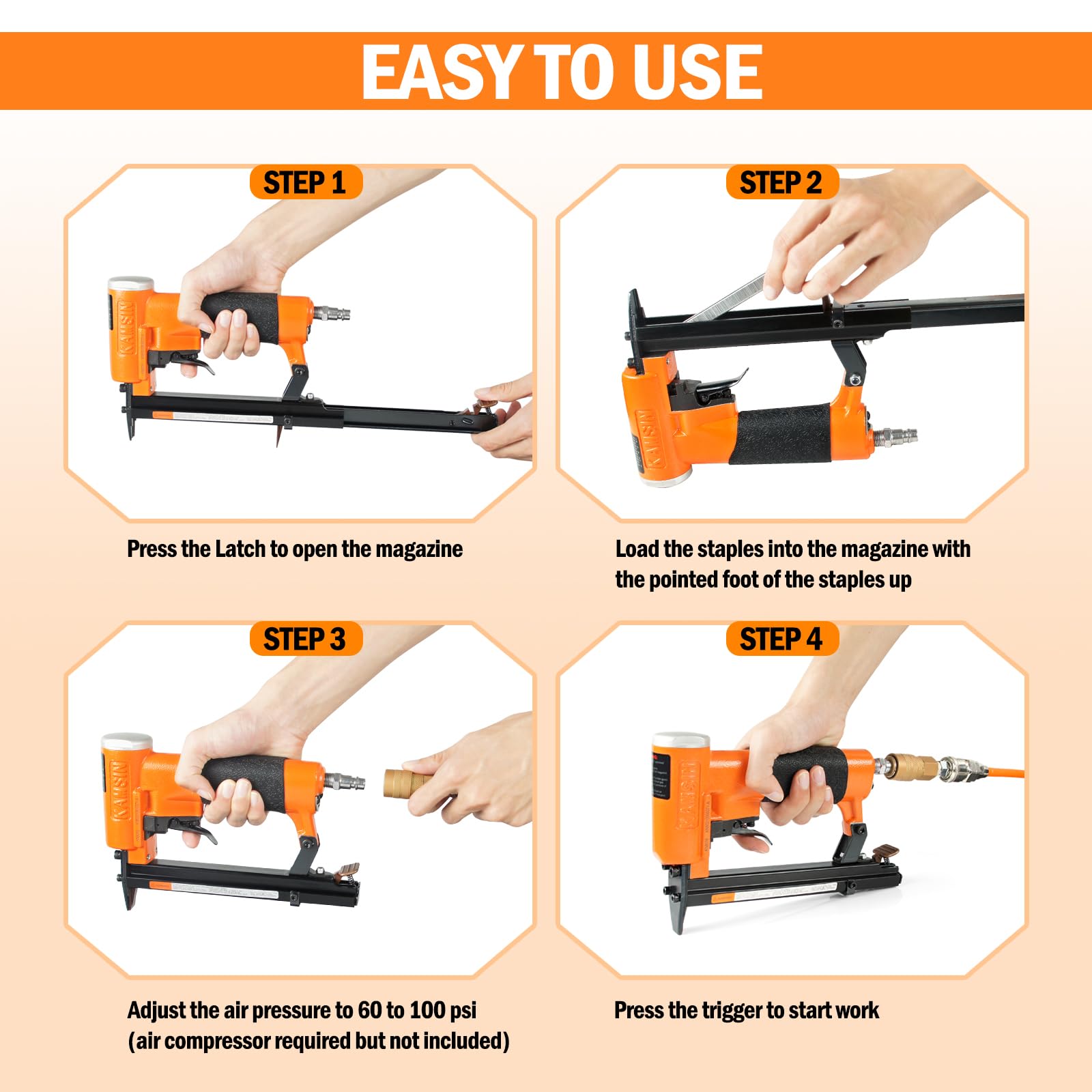 KN8016 21 Gauge Industrial Pneumatic Upholstery Stapler 1/2-Inch Crown for 1/4-Inch to 5/8-Inch Staples, Air Power Upholstery Construction Staple Gun for Home Renovation, Furniture, DIY Woodworking