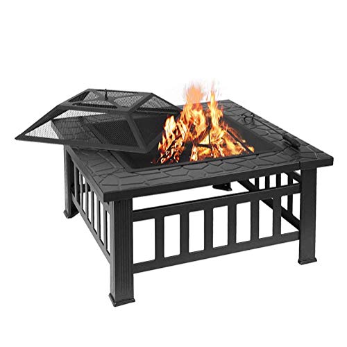 Wyxy Fire Pit with Barbecue Grill, Fire Bowl for Gardens and Terraces Outdoor Garden Fire Pit with Net Cover/Charcoal and Charcoal (Black)