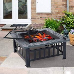 Wyxy Fire Pit with Barbecue Grill, Fire Bowl for Gardens and Terraces Outdoor Garden Fire Pit with Net Cover/Charcoal and Charcoal (Black)