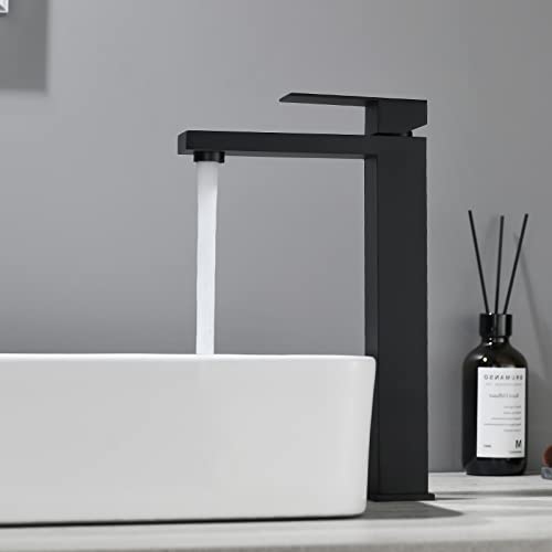 TNOMS Black Bathroom Faucet, Tall Vessel Sink Faucet Single Handle Lead-Free Stainless Steel Modern Basin Faucet Fit Household or Commercial, H005-BK