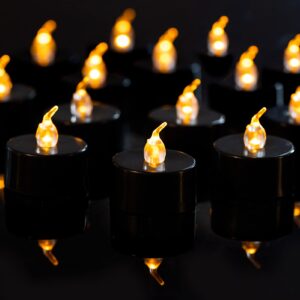 lanker 24 pack black tea lights candles – flickering warm yellow lights flameless led candles – long lasting battery operated fake candles – decoration for wedding, halloween and christmas