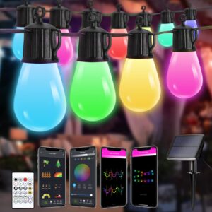 solar outdoor lights waterproof rgb, 48ft app& remote control solar powered string patio lights with 25 plastic led edison bulbs, color changing dimmable music hanging lights for porch balcony camping