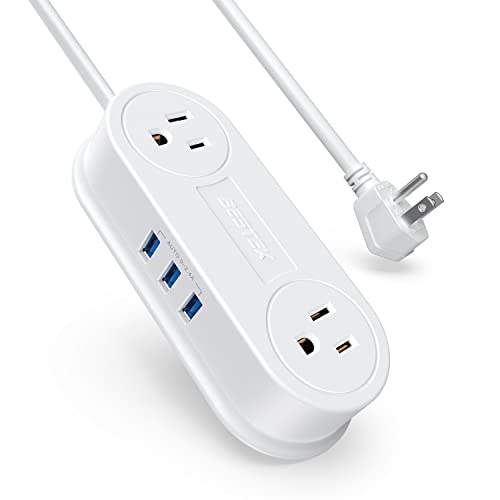 Small Power Strip with 3 USB Ports, BESTEK 2 Outlet Portable Plug Strip Charging Station with Adhesive Sticker, 5 Ft Extension Cord, Ultra-Compact for Cruise Ships, Dorm Room,Travel, Bedside, Office