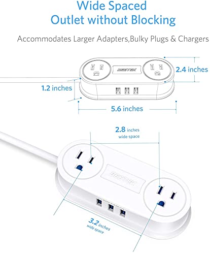 Small Power Strip with 3 USB Ports, BESTEK 2 Outlet Portable Plug Strip Charging Station with Adhesive Sticker, 5 Ft Extension Cord, Ultra-Compact for Cruise Ships, Dorm Room,Travel, Bedside, Office