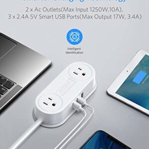 Small Power Strip with 3 USB Ports, BESTEK 2 Outlet Portable Plug Strip Charging Station with Adhesive Sticker, 5 Ft Extension Cord, Ultra-Compact for Cruise Ships, Dorm Room,Travel, Bedside, Office