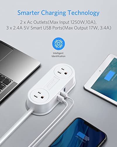 Small Power Strip with 3 USB Ports, BESTEK 2 Outlet Portable Plug Strip Charging Station with Adhesive Sticker, 5 Ft Extension Cord, Ultra-Compact for Cruise Ships, Dorm Room,Travel, Bedside, Office