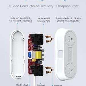 Small Power Strip with 3 USB Ports, BESTEK 2 Outlet Portable Plug Strip Charging Station with Adhesive Sticker, 5 Ft Extension Cord, Ultra-Compact for Cruise Ships, Dorm Room,Travel, Bedside, Office