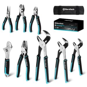 duratech 8-piece pliers set with rolling pouch, premium cr-v/cr-ni construction, (12", 10", 8" groove joint pliers, 8" adjustable wrench, 8" linesman, 6" long needle nose, 6" slip joint, 6" diagonal)