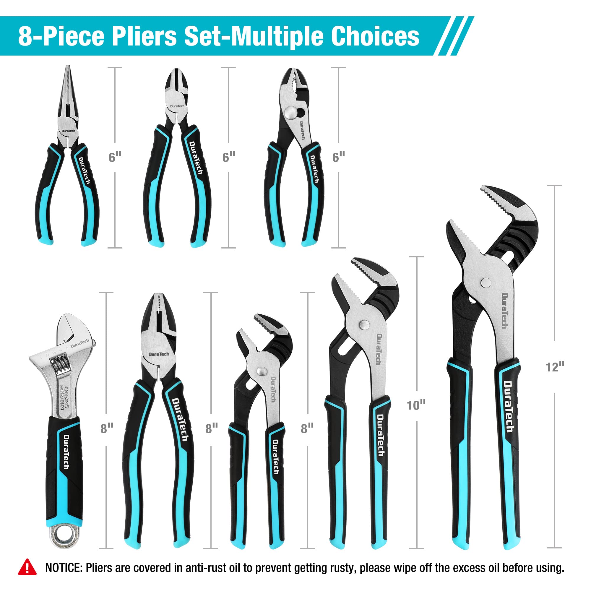 DURATECH 8-Piece Pliers Set with Rolling Pouch, Premium Cr-V/Cr-Ni Construction, (12", 10", 8" Groove Joint Pliers, 8" Adjustable Wrench, 8" Linesman, 6" Long Needle Nose, 6" Slip Joint, 6" Diagonal)