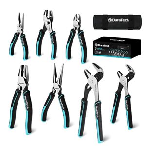duratech 7-piece pliers set, premium cr-ni construction (10", 8" groove joint pliers, 8", 6" long needle nose, 8" linesman, 6" slip joint, 6" diagonal) for basic repair, with oxford rolling pouch