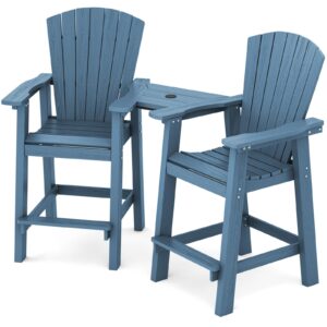 KINGYES Embossed Balcony Chair, Tall Adirondack Chair Set of 2 Outdoor Adirondack Barstools with Connecting Tray, High Airondack Chair with Wood Grain, Blue