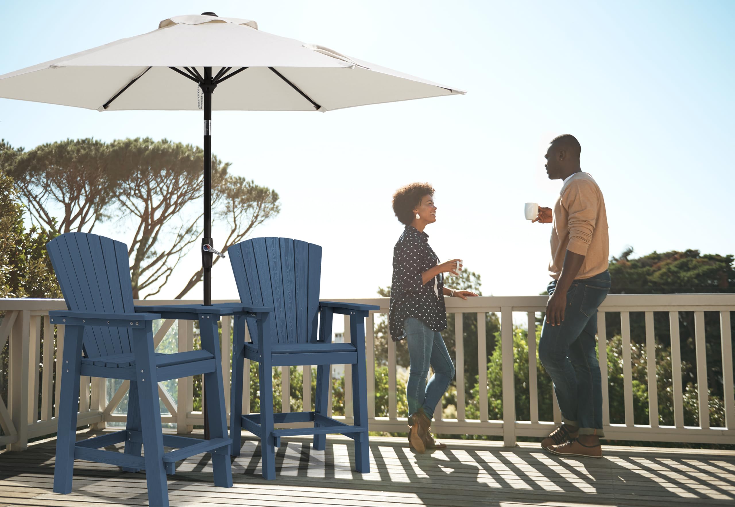 KINGYES Embossed Balcony Chair, Tall Adirondack Chair Set of 2 Outdoor Adirondack Barstools with Connecting Tray, High Airondack Chair with Wood Grain, Blue