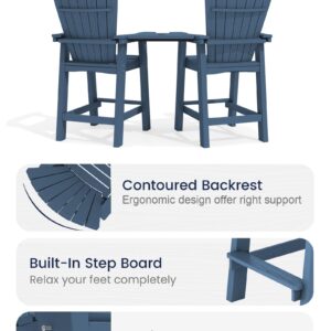 KINGYES Embossed Balcony Chair, Tall Adirondack Chair Set of 2 Outdoor Adirondack Barstools with Connecting Tray, High Airondack Chair with Wood Grain, Blue