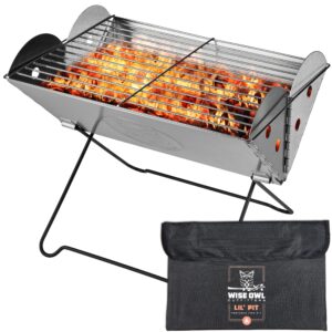 wise owl outfitters portable camping grill - collapsible fire pit for camping, stainless steel 13.6 x 10.2 inch - 2.2lb pop up fire pit with case for bbq, tailgating, backyard, outdoor use