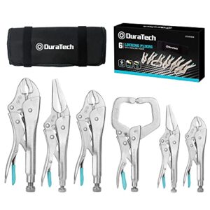 duratech 6-piece cr-v locking pliers set, 6-1/2”, 9-1/2” long nose locking pliers, 5”, 7” and 10” curved jaw locking pliers, 6” c-clamp locking pliers, fast release with oxford rolling pouch