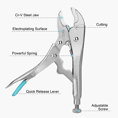 DURATECH 6-Piece CR-V Locking Pliers Set, 6-1/2”, 9-1/2” Long Nose Locking Pliers, 5”, 7” and 10” Curved Jaw Locking Pliers, 6” C-clamp Locking Pliers, Fast Release with Oxford Rolling Pouch