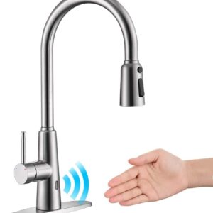 OWOFAN Touchless Kitchen Sink Faucet Pull Down Sprayer Smart Motion Sensor Activated Hands Free Single Handle Kitchen Faucet Brushed Nickel