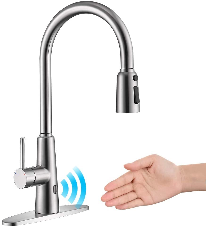 OWOFAN Touchless Kitchen Sink Faucet Pull Down Sprayer Smart Motion Sensor Activated Hands Free Single Handle Kitchen Faucet Brushed Nickel