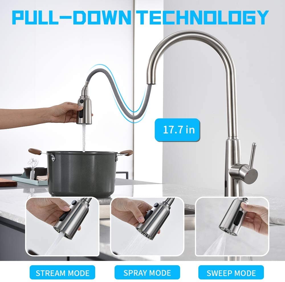 OWOFAN Touchless Kitchen Sink Faucet Pull Down Sprayer Smart Motion Sensor Activated Hands Free Single Handle Kitchen Faucet Brushed Nickel