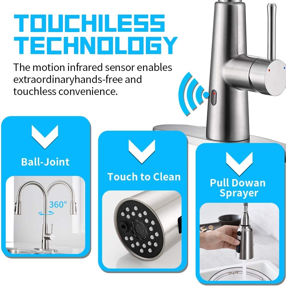 OWOFAN Touchless Kitchen Sink Faucet Pull Down Sprayer Smart Motion Sensor Activated Hands Free Single Handle Kitchen Faucet Brushed Nickel