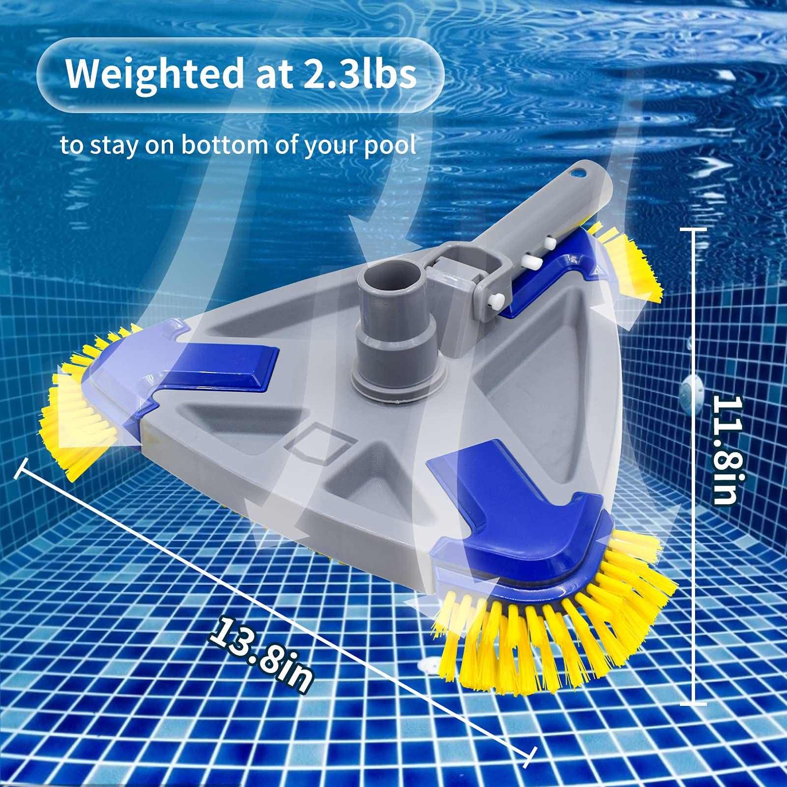 Buyplus Pool Vacuum Head with Side Brush, Manual Swimming Pool Vacuum Head for Inground and Above Ground Pools, Swivel Hose Connection, EZ Clip Handle.