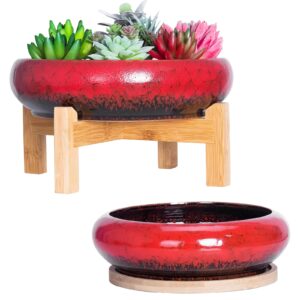 ARTKETTY 7.3/10 Inch Succulent Pots with Drainage Trays Large Succulent Planter with Stand Round Bonsai Pots Ceramic Flower Planter Pot for Indoor Cactus Plants