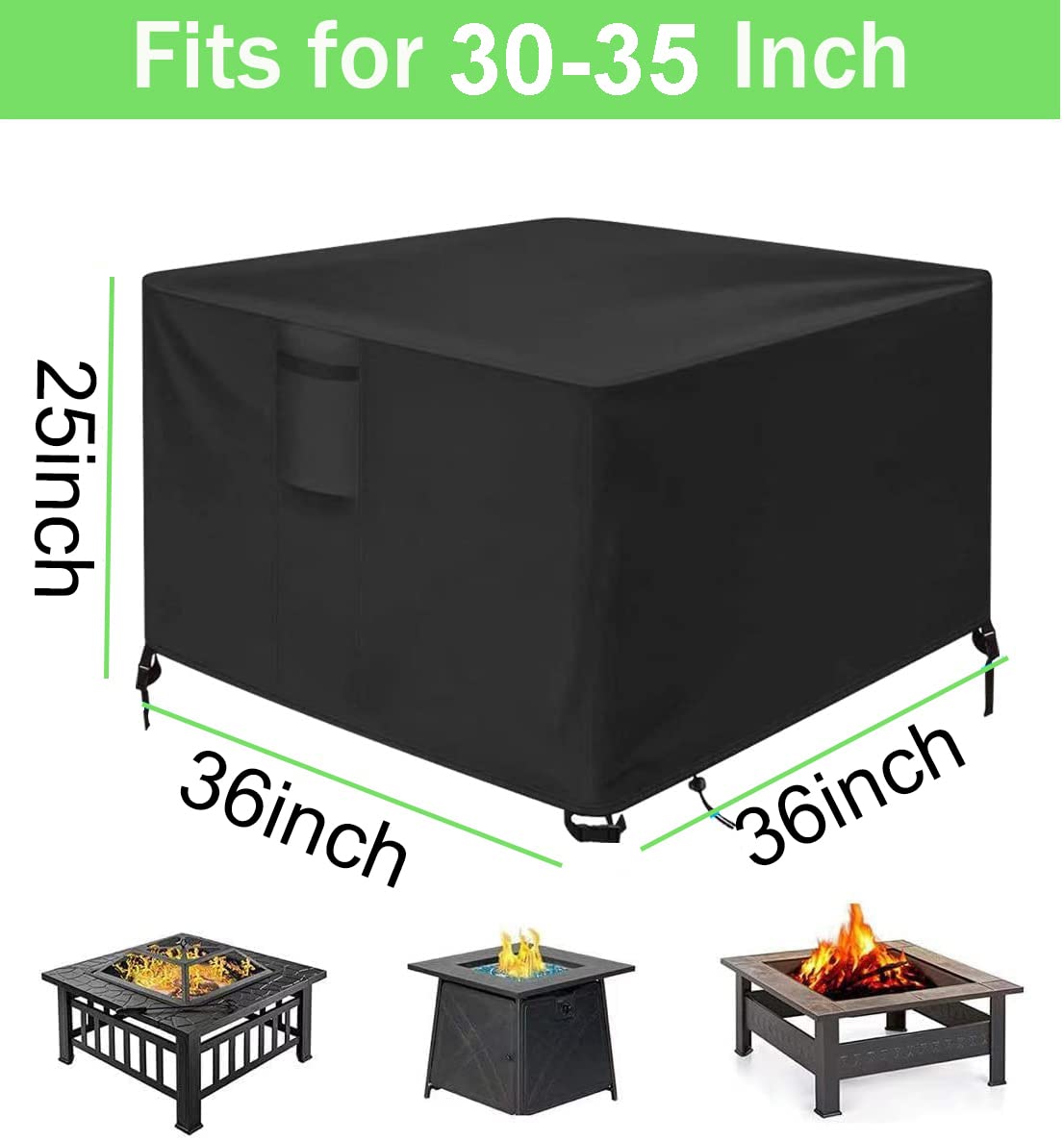 Firepit Covers Square 36x36 Inch Gas Fire-Pit-Cover Waterproof Outdoor Fire Table Coverage Patio Fireplace Heavy Duty 600D Waterproof with PVC Coating