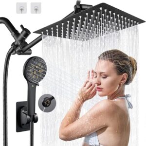 awaxfolo 12'' high pressure square shower head with 6-function adjustable spray handheld, 13'' extension arm, 78'' hose, water temperature reminder, matte black