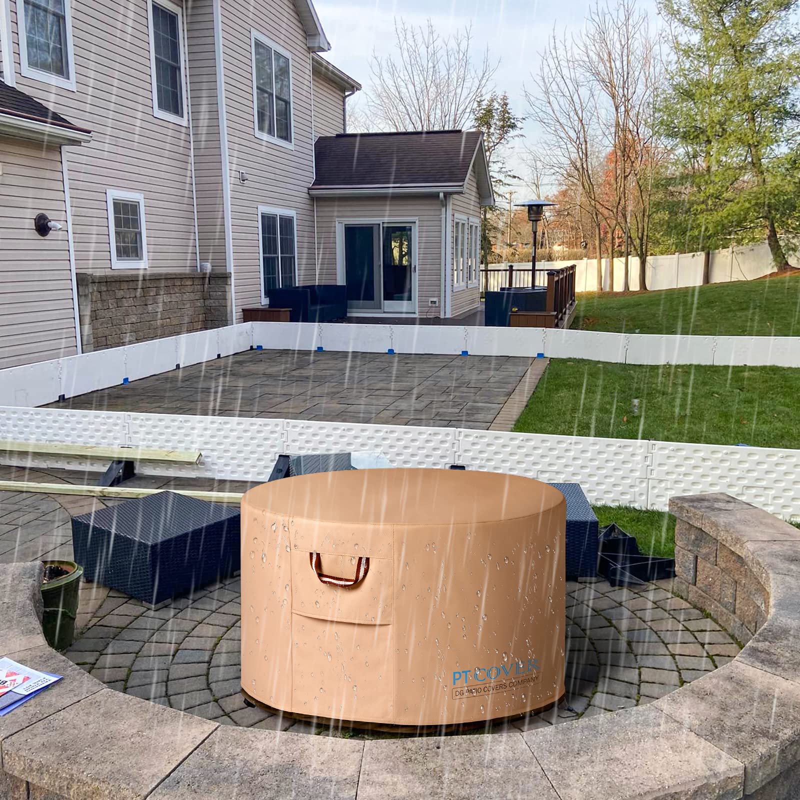 Fire Pit Cover - 48 Inch 50 Inch Strong Fade-Resistant Tear-Resistant UV-Resistant Waterproof Heavy Duty 900D Material Firepit Covers Round for Outdoor Fire Pit - Brown