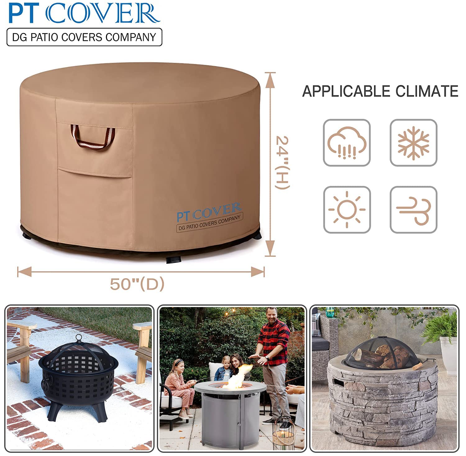 Fire Pit Cover - 48 Inch 50 Inch Strong Fade-Resistant Tear-Resistant UV-Resistant Waterproof Heavy Duty 900D Material Firepit Covers Round for Outdoor Fire Pit - Brown