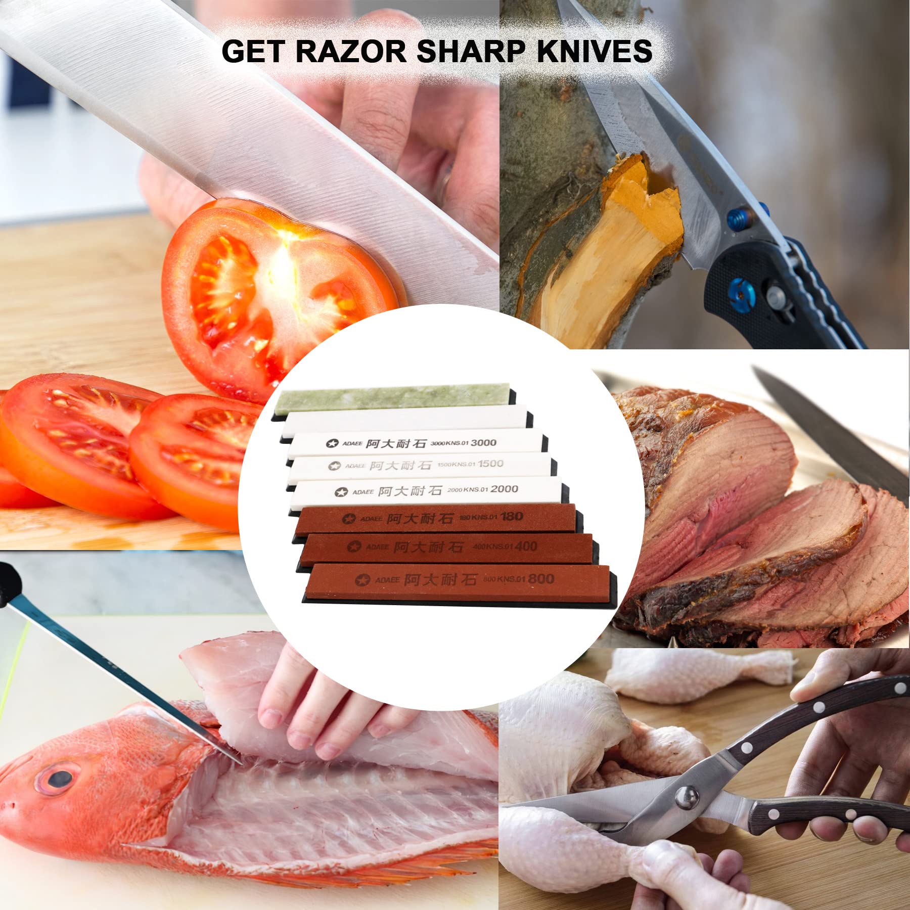 8-Packs Knife Sharpening Stones for RUIXIN Pro RX-008 Knife Sharpener Fixed-angle kit, Professional Whetstone Set Grindstone Polishing Stone with Base 180/400/800/1500/2000/3000/6000/10000 Grit