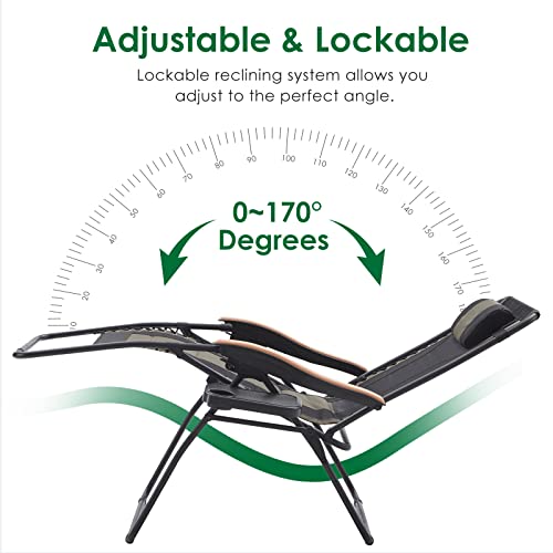 Farini Oversized XL Zero Comfortable Lounge Outside Anti-Gravity Adjustable Headrest and Side Table Reclining Camping Chair Support 350Lbs, 30D x 29W x 44H in, Black/Green