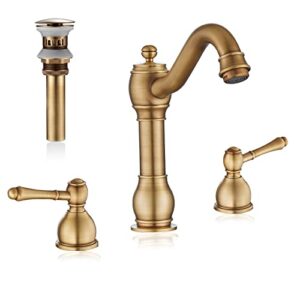 ibofyy antique brass bathroom sink faucet, 8inch two handle bathroom faucet 3 holes solid brass with metal pop-up drain assembly (antique brass)