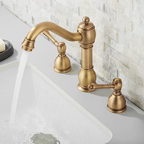IBOFYY Antique Brass Bathroom Sink Faucet, 8inch Two Handle Bathroom Faucet 3 Holes Solid Brass With Metal Pop-Up Drain Assembly (Antique Brass)