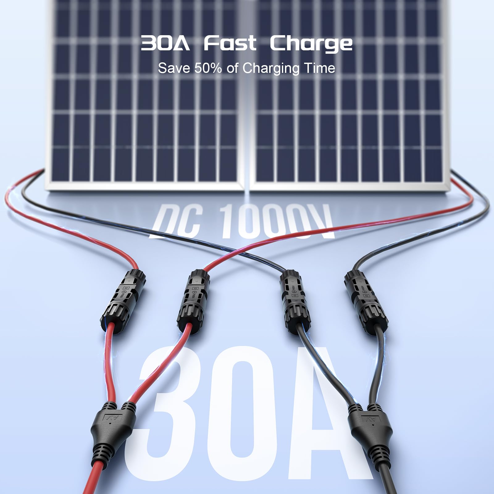 Bateria Power Solar Connectors 30A Y-Branch Cable, Solar Cable Parallel Adaptor Solar Panel Wire Connectors in Pair for Solar Panel (1*M/FF+1*F/MM)