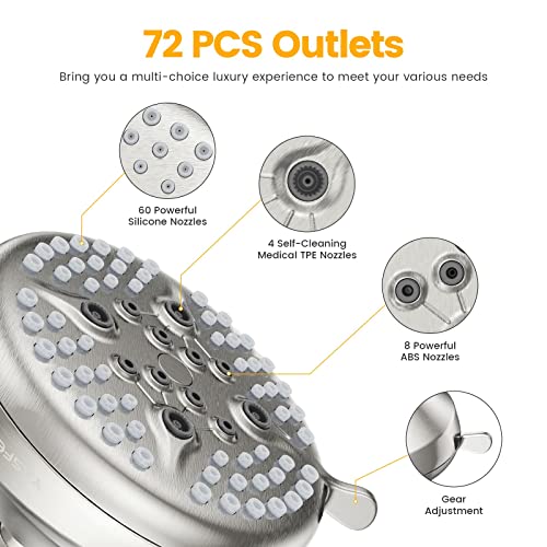 YASFEL Shower Head High Pressure 5" Fixed Shower Head 5 Settings 2.5 GPM Bathroom Adjustable High Flow Shower Head with 360°Brass Ball Joint (Brushed Nickel 2.5GPM)