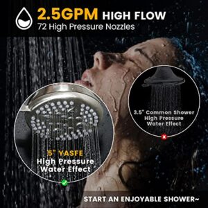 YASFEL Shower Head High Pressure 5" Fixed Shower Head 5 Settings 2.5 GPM Bathroom Adjustable High Flow Shower Head with 360°Brass Ball Joint (Brushed Nickel 2.5GPM)