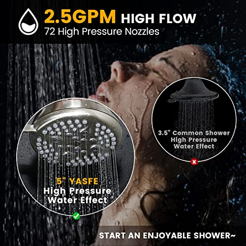 YASFEL Shower Head High Pressure 5" Fixed Shower Head 5 Settings 2.5 GPM Bathroom Adjustable High Flow Shower Head with 360°Brass Ball Joint (Brushed Nickel 2.5GPM)