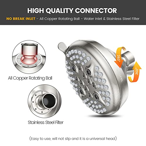 YASFEL Shower Head High Pressure 5" Fixed Shower Head 5 Settings 2.5 GPM Bathroom Adjustable High Flow Shower Head with 360°Brass Ball Joint (Brushed Nickel 2.5GPM)