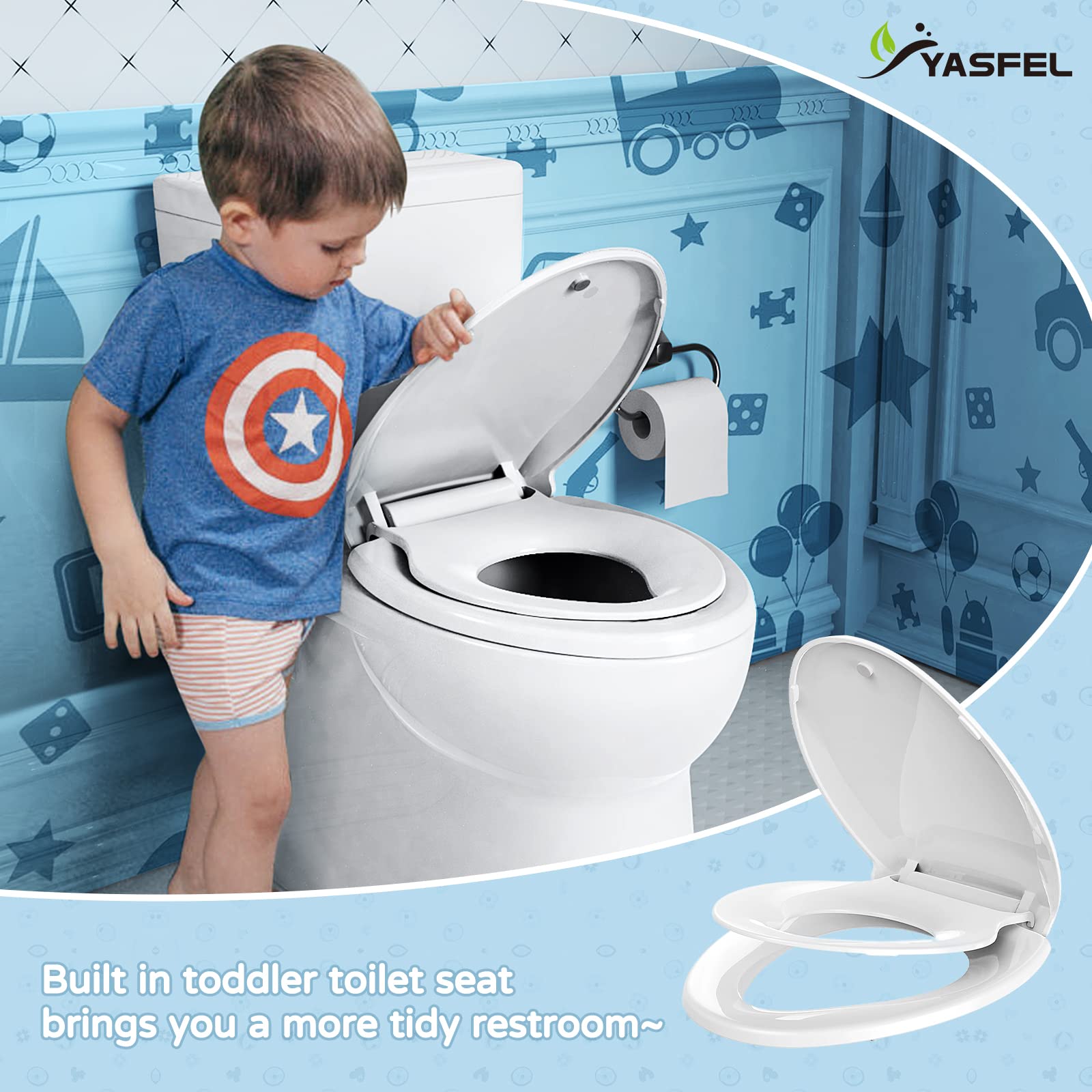 YASFEL Toilet Seat with Toddler Toilet Seat Built in, Plastic, Elongated Slow Close with Magnets For Potty Training For Kids & Adults (White, 18.5”)