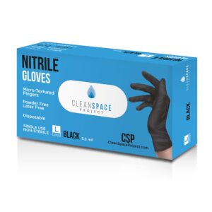 clean space project nitrile gloves, extra thick 5.5 mil, disposable, powder free, latex free (black - large, box of 100)