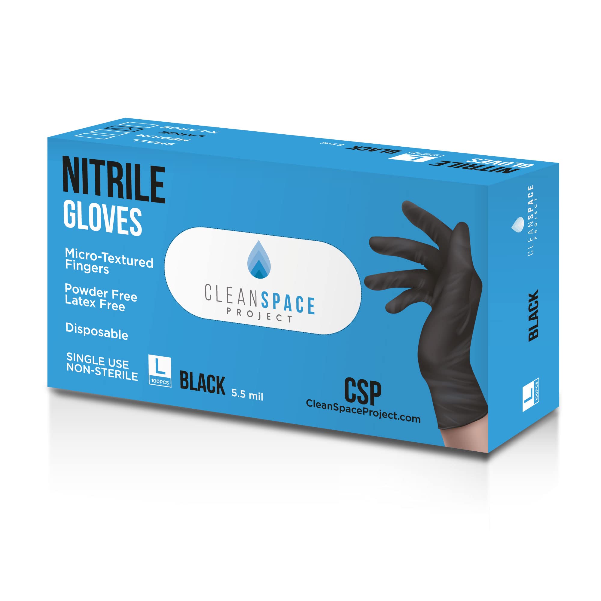 CLEAN SPACE PROJECT Nitrile Gloves, Extra Thick 5.5 Mil, Disposable, Powder Free, Latex Free (Black - Large, Box of 100)