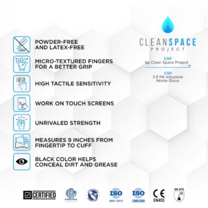 CLEAN SPACE PROJECT Nitrile Gloves, Extra Thick 5.5 Mil, Disposable, Powder Free, Latex Free (Black - Large, Box of 100)