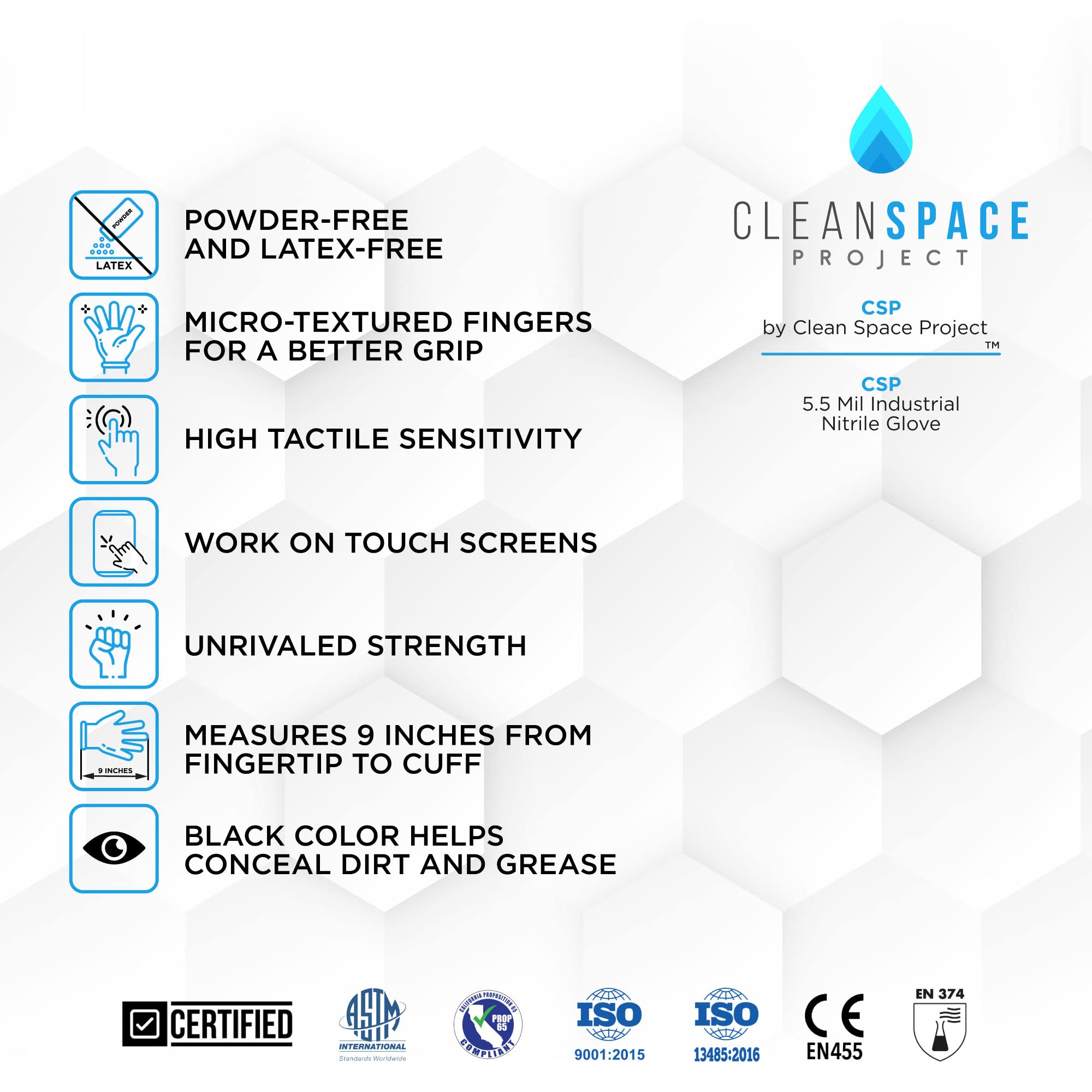 CLEAN SPACE PROJECT Nitrile Gloves, Extra Thick 5.5 Mil, Disposable, Powder Free, Latex Free (Black - Large, Box of 100)